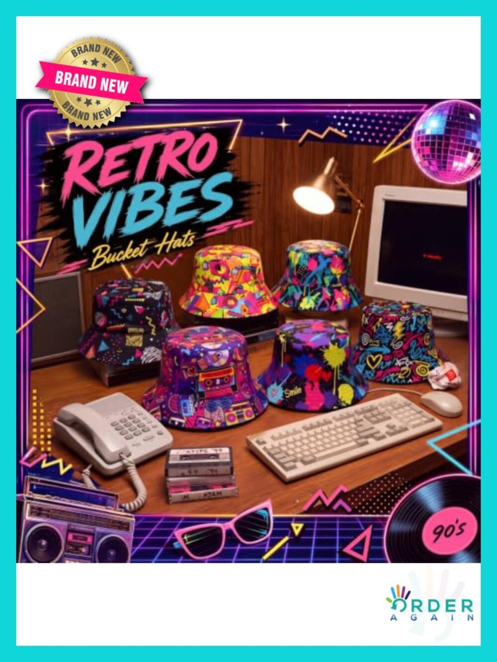 12 Pack Retro 90s Graffiti Bucket Hats Polyester Sun Caps Adult Unisex - Picture 5 of 6